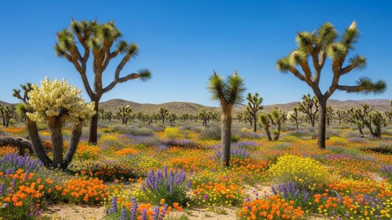 Desert landscape with blooming wildflowers and Joshua trees under clear blue sky in Southern California