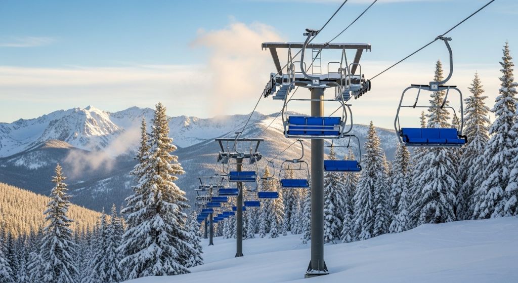 Empty chairlift line at small ski resort in Montana with fresh snow and mountain peaks in background