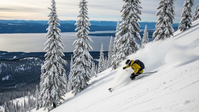 Skier descending powder run through pine trees at uncrowded Schweitzer Mountain Resort Idaho with lake views
