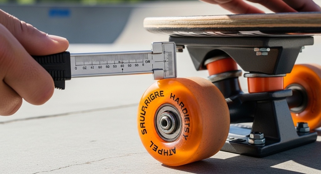 Close-up of soft vs hard skateboard wheels on rough pavement