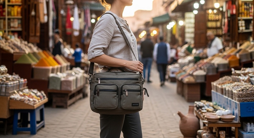 Close-up of lockable zipper and RFID pocket in safe handbag for women