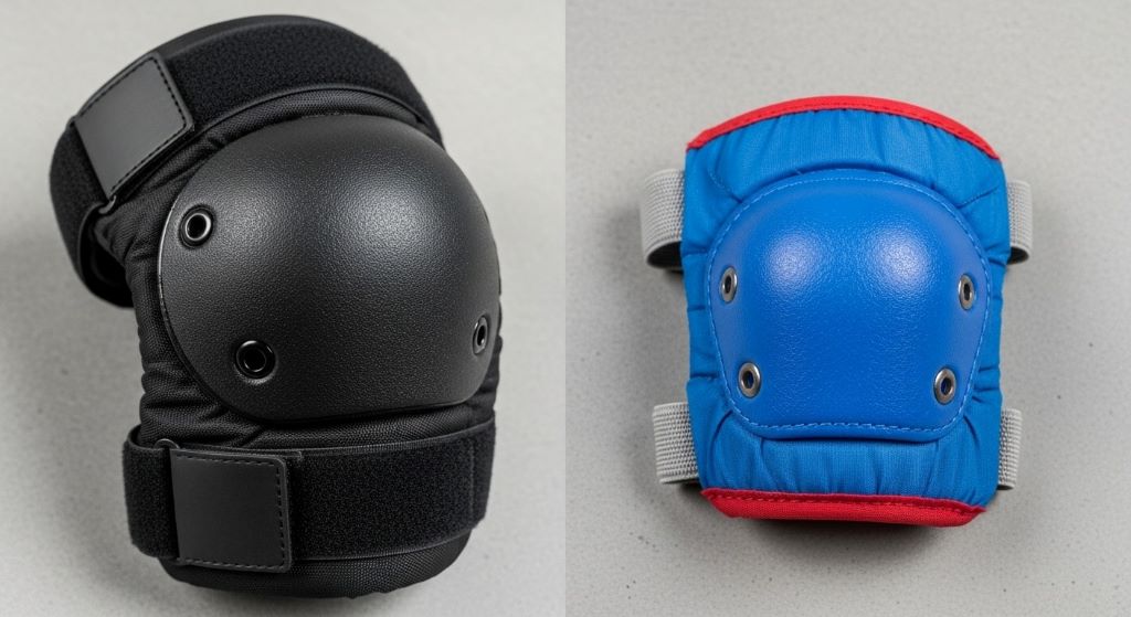 Close-up comparison showing thick adult skateboard knee pad next to smaller thinner children's protective gear