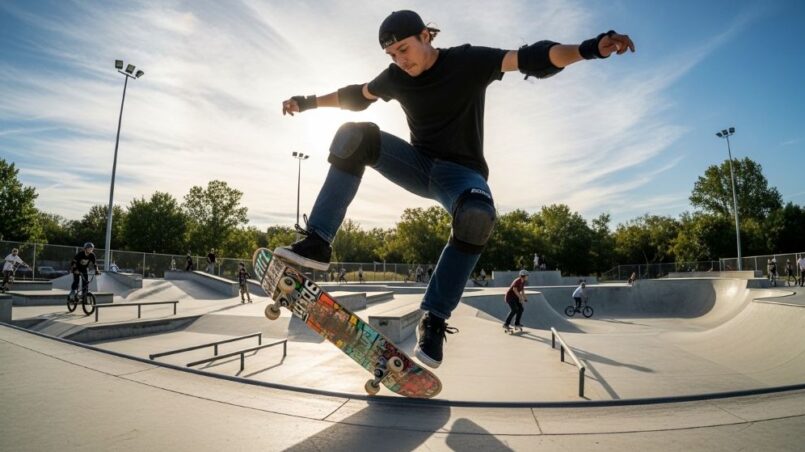 Adult wearing black knee pads and elbow pads while skateboarding at outdoor skate park