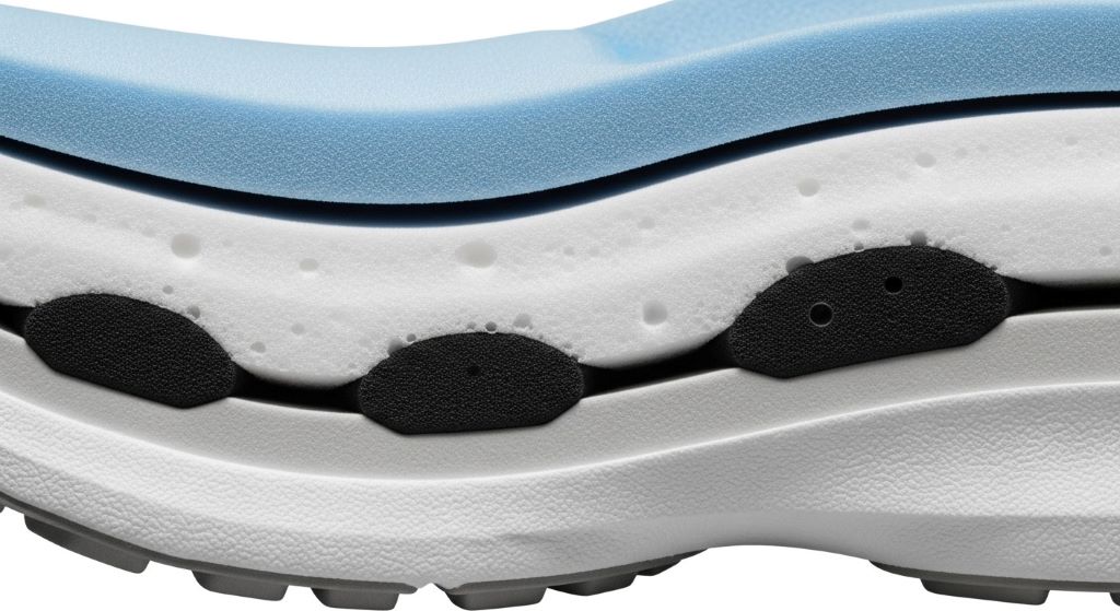 Close-up cross-section view of plush running shoe midsole showing multiple foam layers for impact protection
