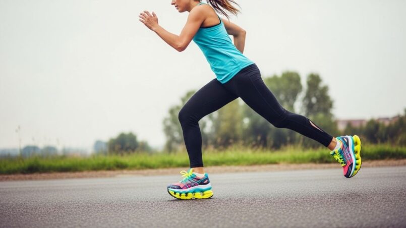 Runner wearing thick-soled maximum cushioning running shoes on asphalt road demonstrating shock absorption technology