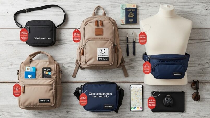 Solo female traveler wearing anti-theft crossbody travel security bag