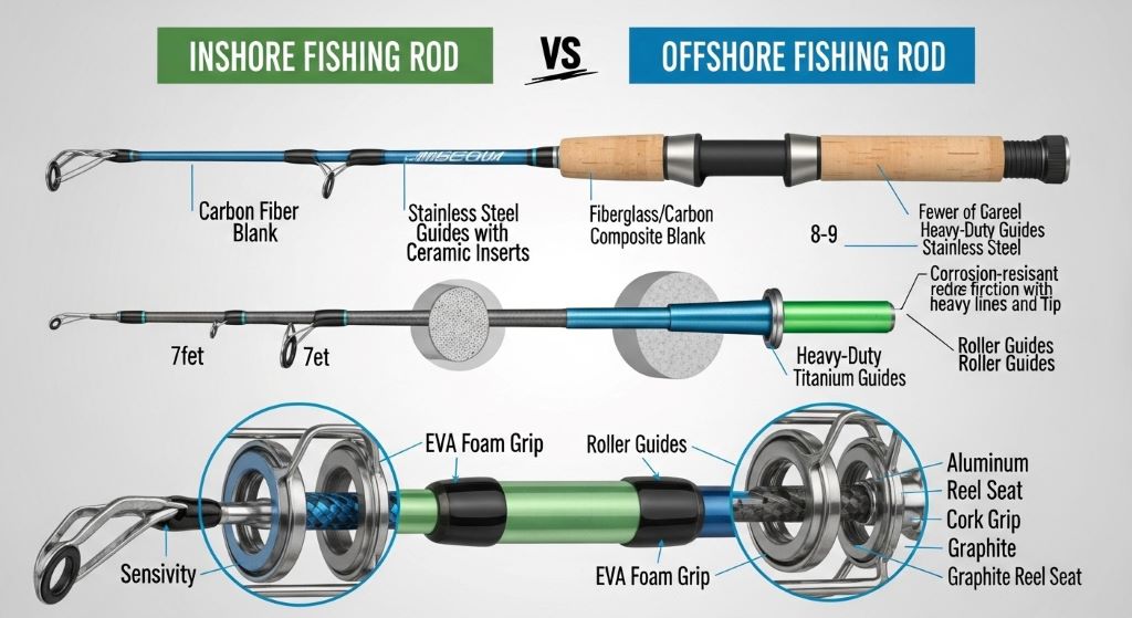Comparison of inshore and offshore fishing rod construction showing different guide configurations and blank materials for saltwater durability
