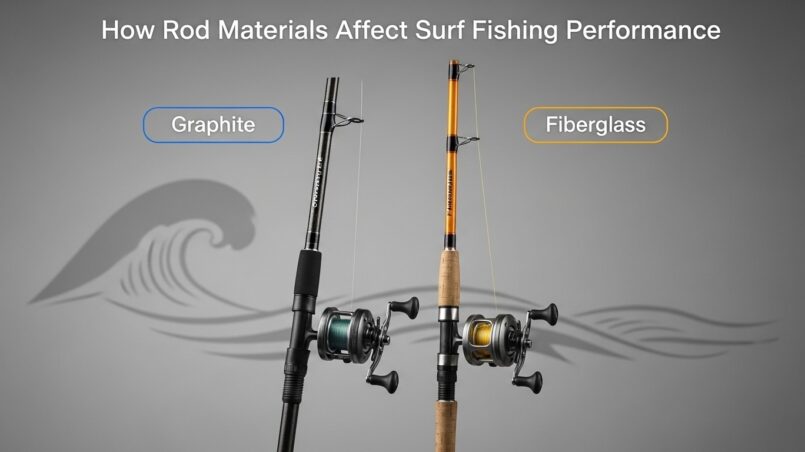 Graphite and fiberglass surf fishing rods compared side by side showing material differences and construction