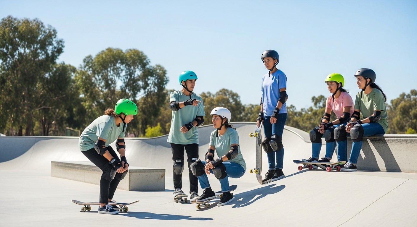 Safe skateboarding tips with pads and helmet
