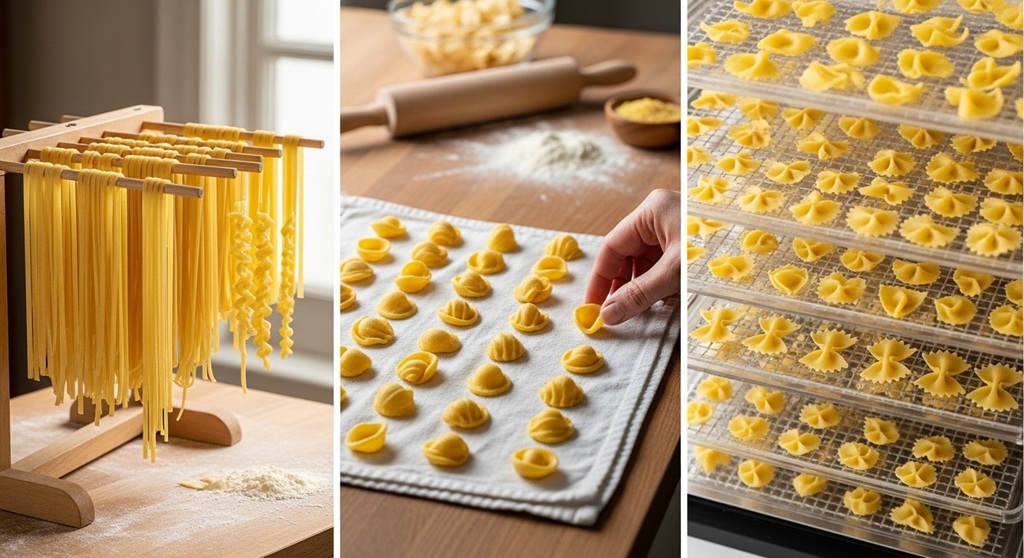 Drying egg pasta strands separated to prevent sticking