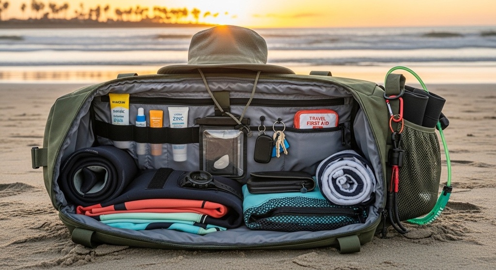 Surfboard travel bag packed with protective padding and gear