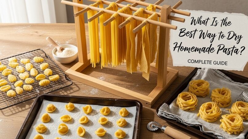 Homemade fettuccine hanging on pasta drying rack