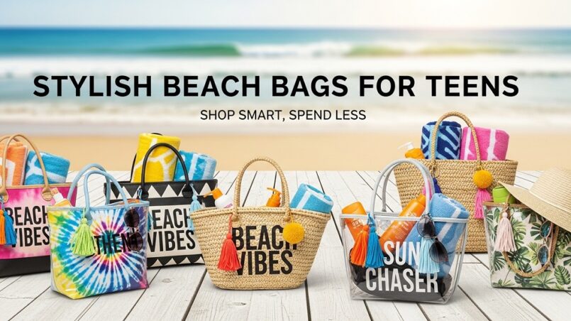 stylish pastel beach bags for teens on summer sand