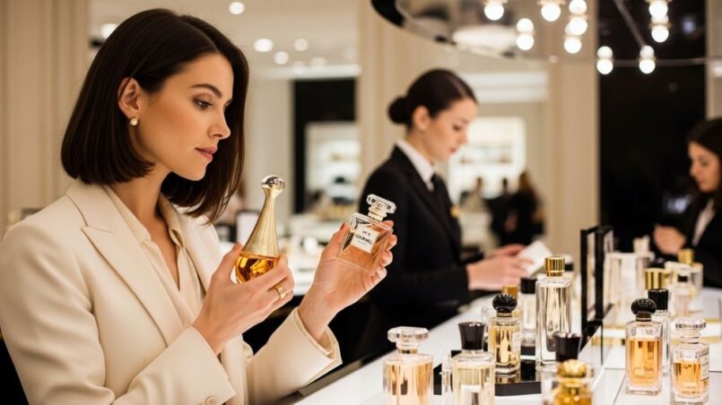 Woman comparing designer perfume bottles at a department store fragrance counter