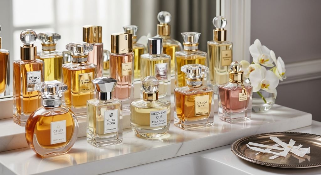 Collection of luxury perfume bottles arranged on a white vanity shelf