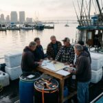 Deep-sea fishing boat preparing for offshore voyage logistics in San Diego harbor during sunrise