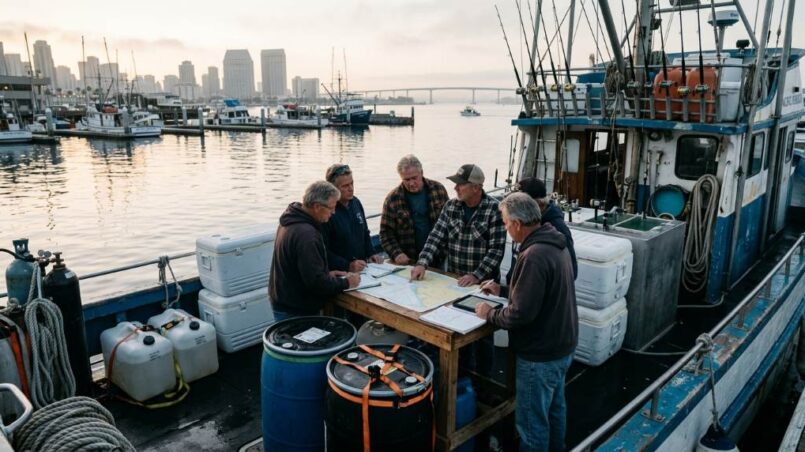 Deep-sea fishing boat preparing for offshore voyage logistics in San Diego harbor during sunrise