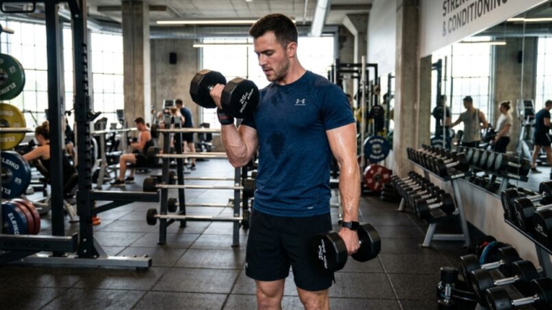A fit man wearing a moisture-wicking athletic t-shirt while lifting weights in a modern gym