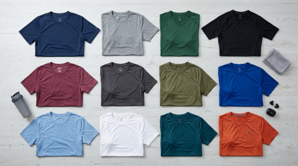 Flat lay of men’s gym t-shirts in different fabrics and colors on a light background