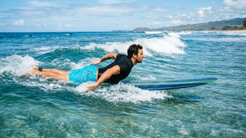 A male surfer wearing bright blue board shorts paddling on a surfboard in clear ocean waves
