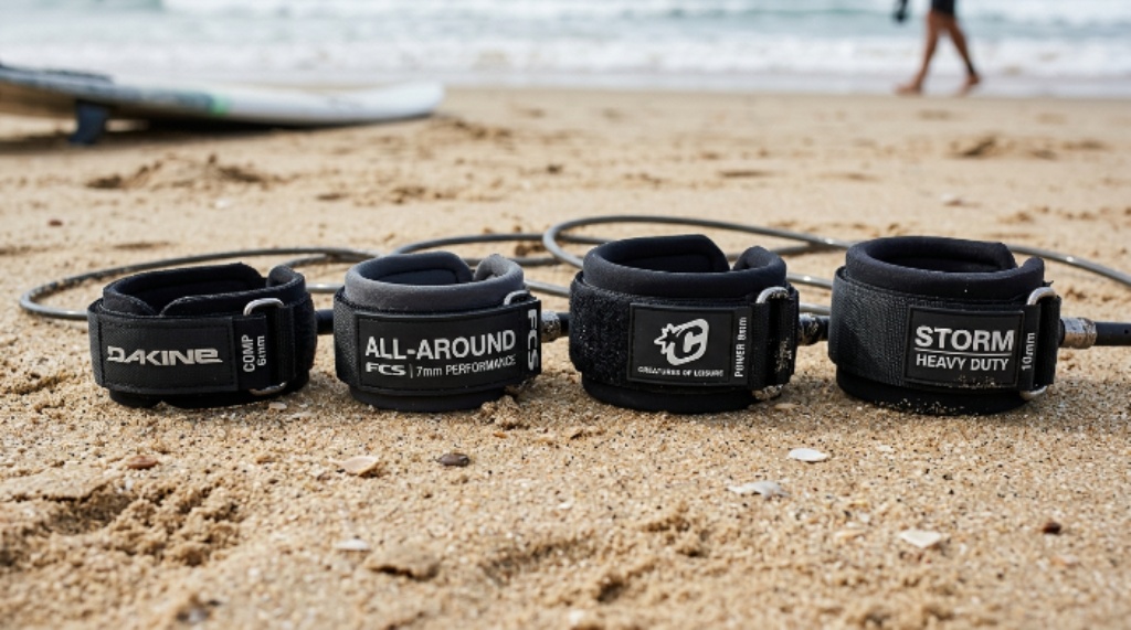 Close-up of surfboard leash cuff showing different thickness options laid on sand