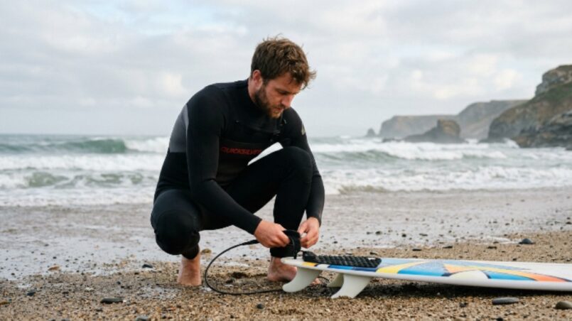 Surfer attaching an ankle leash to a shortboard before entering the ocean