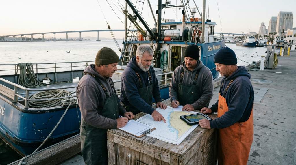 San Diego anglers organizing fuel supplies and fishing gear before long-range offshore trip