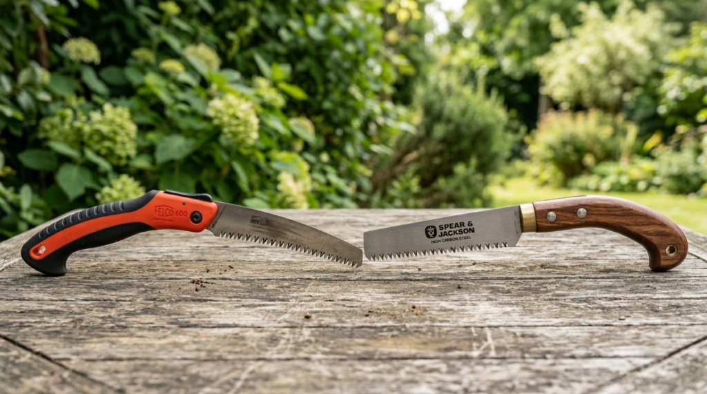 A side by side comparison of a folding pruning saw and a fixed blade saw.