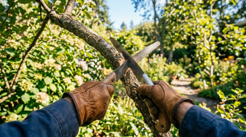 A person in gardening gloves cutting a tree branch with a hand pruning saw.