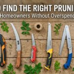Various hand pruning saws arranged on a wooden workbench with guide title text.