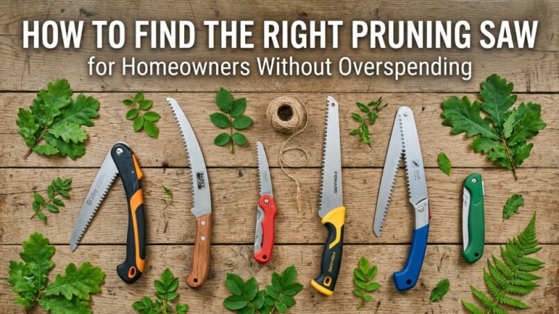 Various hand pruning saws arranged on a wooden workbench with guide title text.