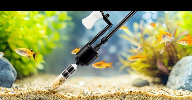 Affordable aquarium gravel cleaner removing debris from a freshwater fish tank.