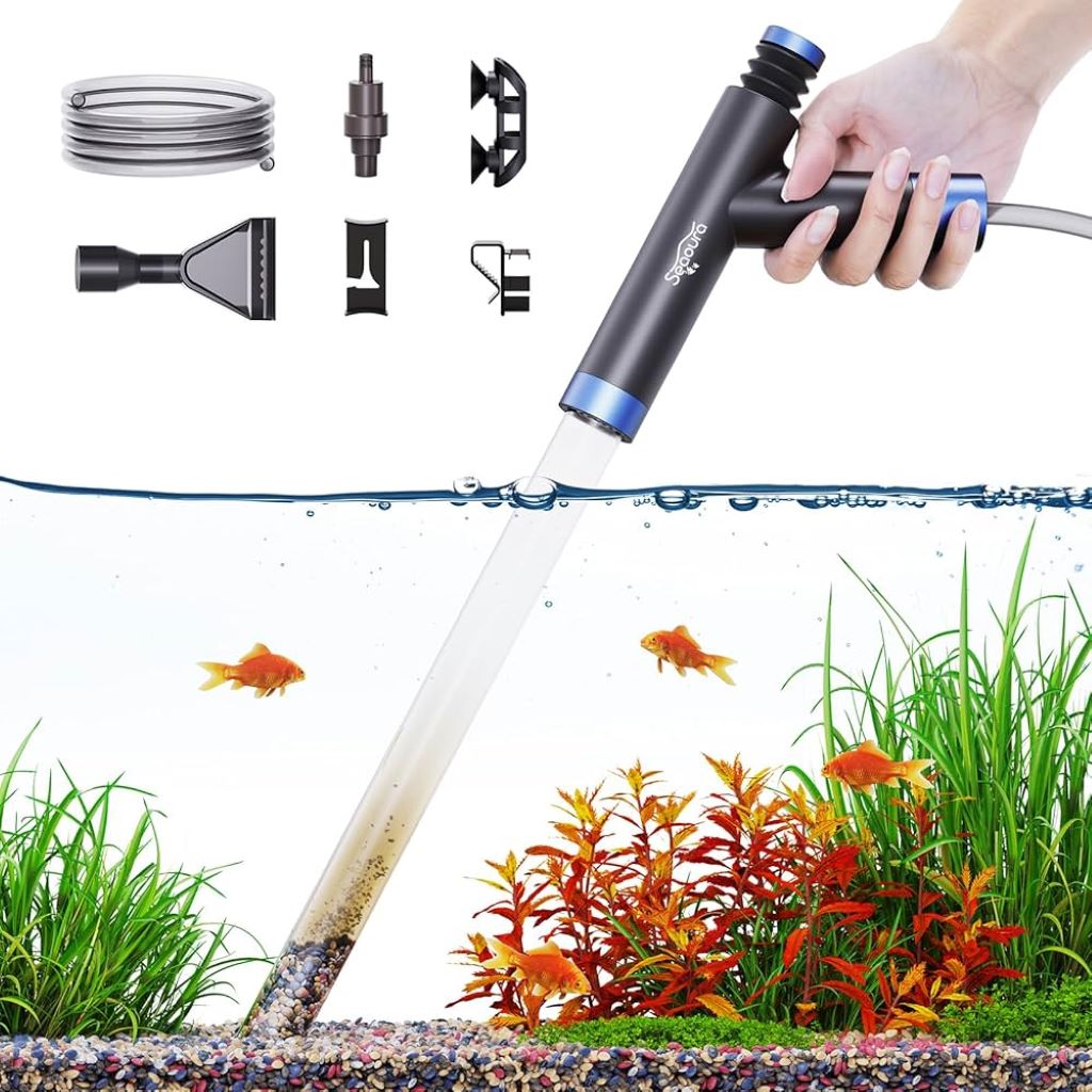 Gravel vacuum cleaning aquarium substrate while protecting fish and plants.