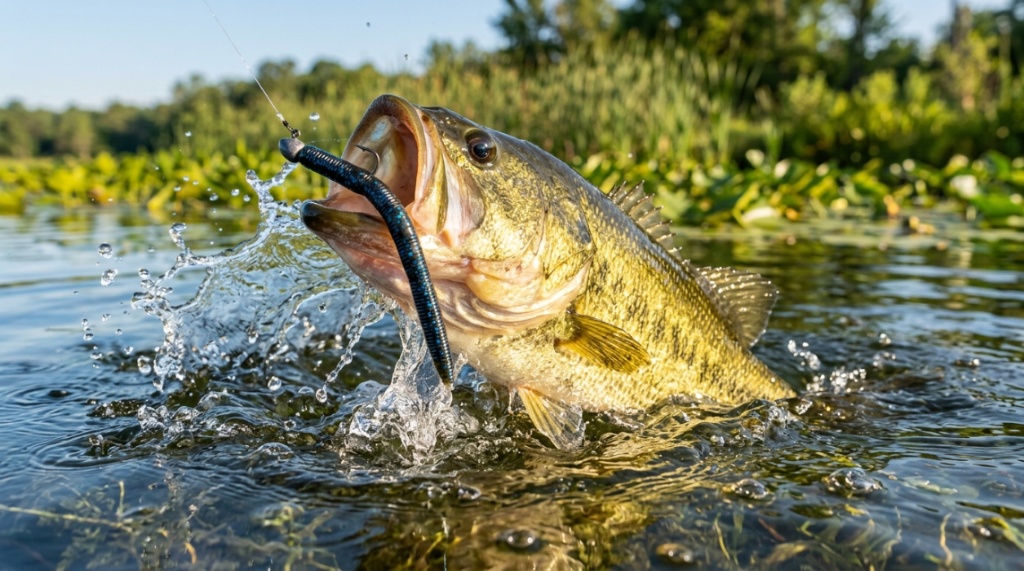 Open plastic tackle box filled with affordable fishing lures by lake.