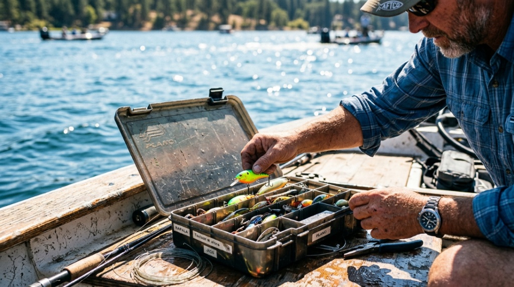 Angler selecting a lure from a tackle box on a boat.