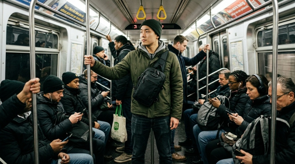 A commuter safely wearing an anti-theft cross body bag on a crowded train.