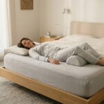 A back sleeper resting with a small pillow under their knees for pressure relief.