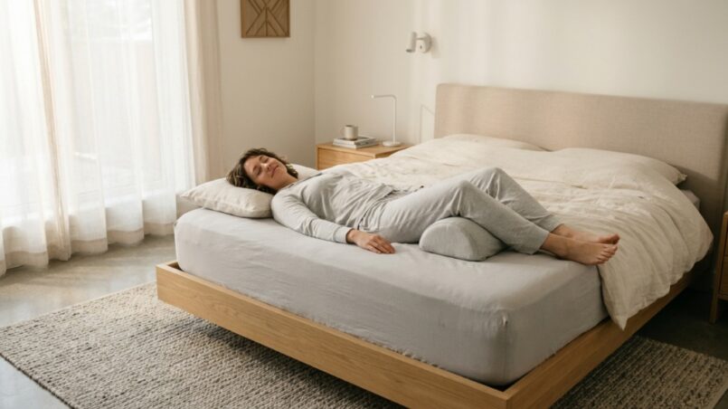 A back sleeper resting with a small pillow under their knees for pressure relief.