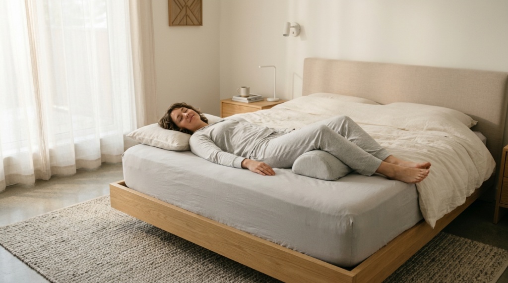 A back sleeper resting with a small pillow under their knees for pressure relief.