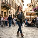 A traveler wearing a secure anti-theft sling bag while walking down a city street.