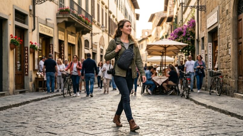 A traveler wearing a secure anti-theft sling bag while walking down a city street.