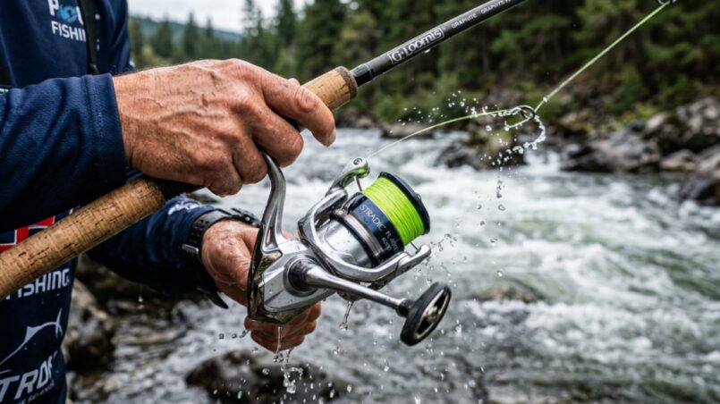 Close up of hand holding budget friendly spinning reel casting smoothly at sunset.