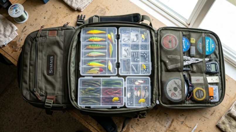 Organized heavy duty fishing tackle backpack open on a clean background.
