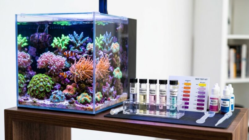 A vibrant coral reef aquarium next to a home water testing kit.
