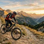 Cyclist riding full suspension mountain bike down sunlit alpine singletrack trail.