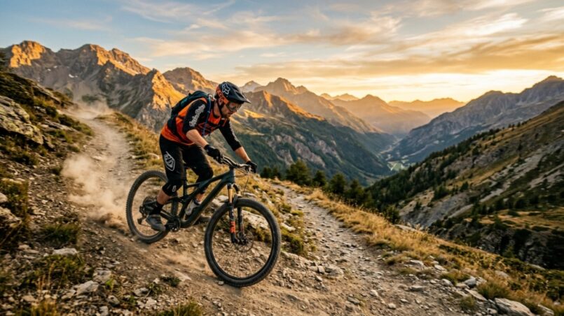 Cyclist riding full suspension mountain bike down sunlit alpine singletrack trail.