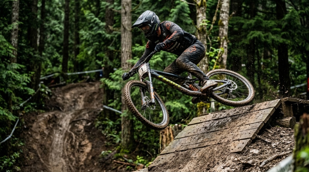 Downhill mountain biker catching air over wooden jump on muddy track.