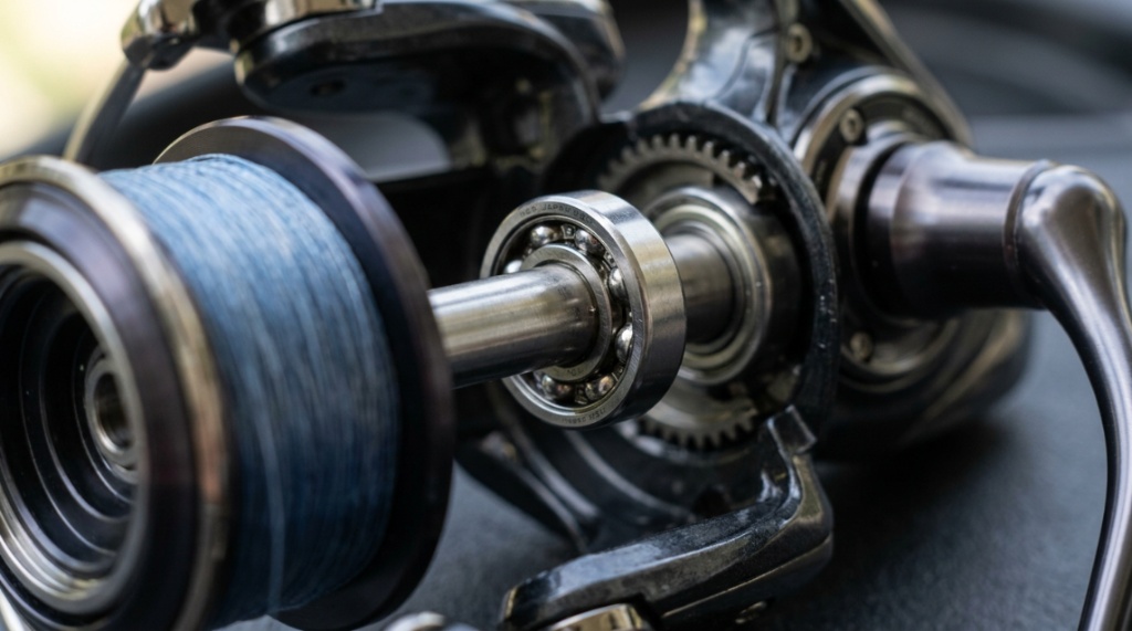 Internal ball bearings of budget fishing reel ensuring smooth line release.