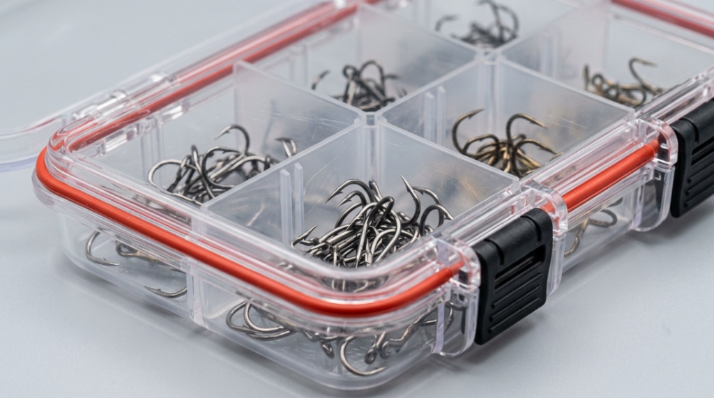 Clear waterproof plastic utility tray holding sharp terminal tackle hooks.