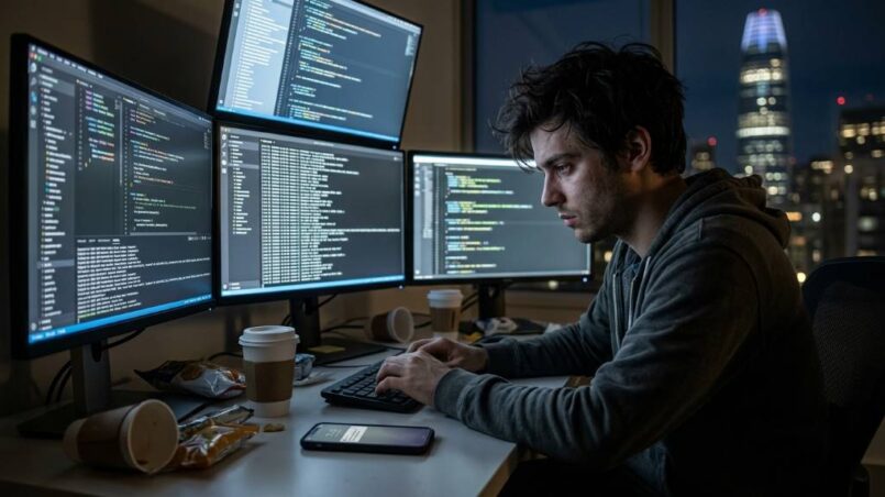 Software developers networking at a major technology conference
